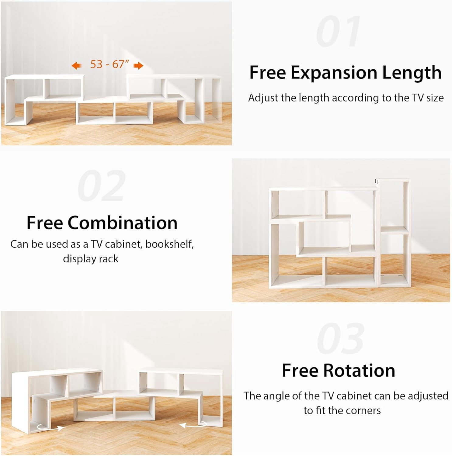 Topbuy 3 PCS Adjustable TV Stand Minimalist Entertainment Center for 43 55 60 65 Inch TV Media Table White