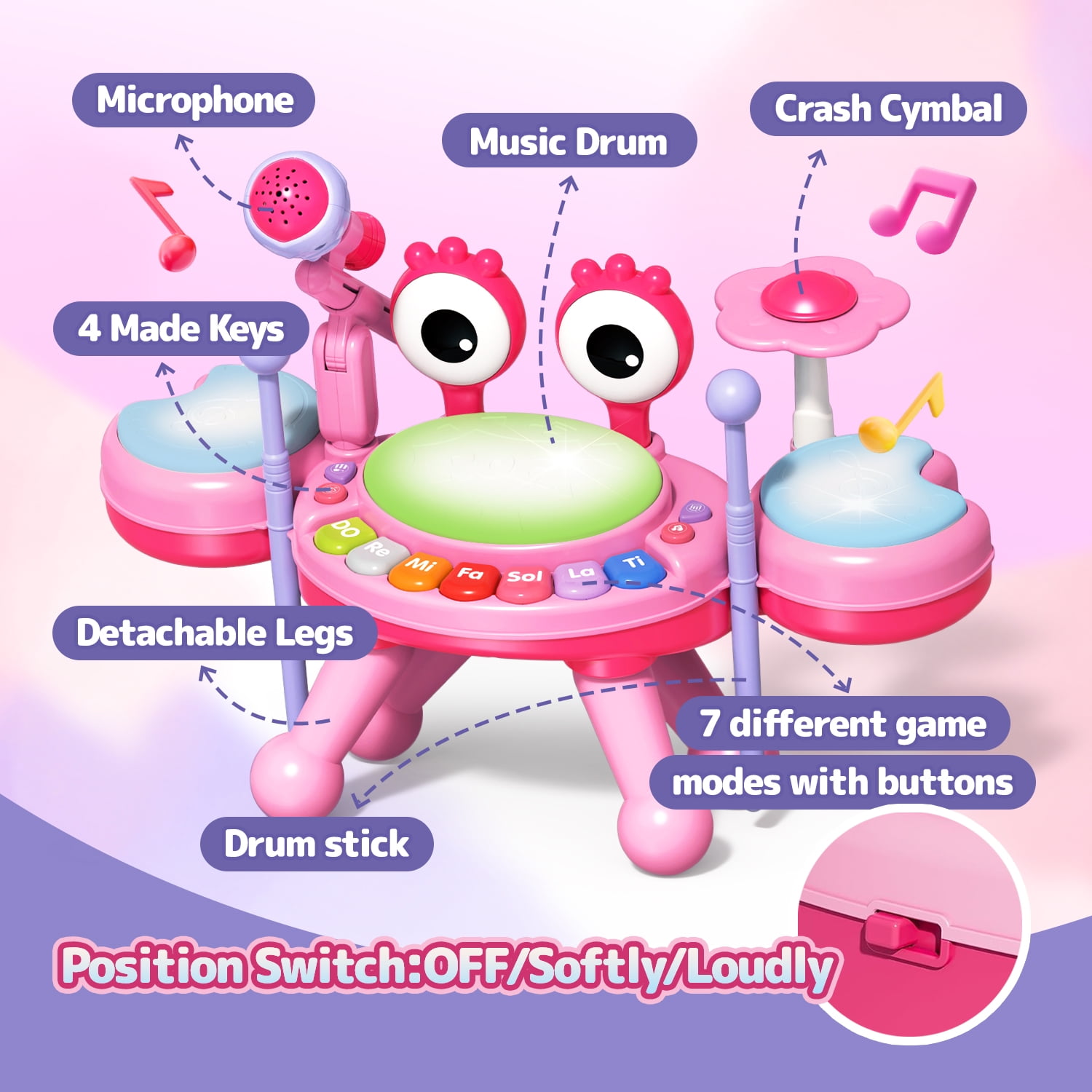 LINXUXIE Crab Drum Instruments Set, Kids Musical Toy with Microphone, Birthday Gifts for 1-3 3-5 5-8 Year Old