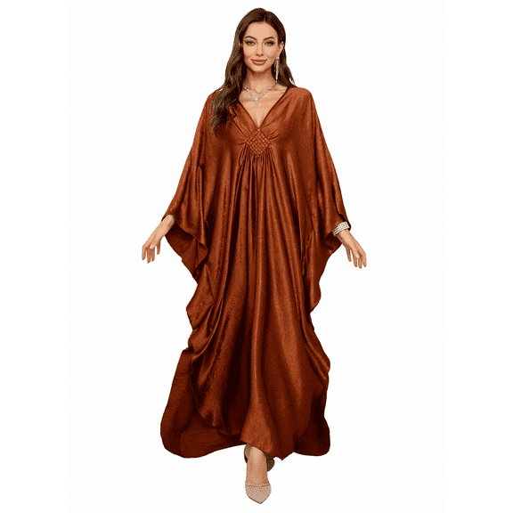 EDOLYNSA 2025 Elegant Plus Size Kaftan Women's Solid Color Retro V-Neck Woven Batwing Sleeve Long Dress Sexy Beach Swimsuit Cover-up