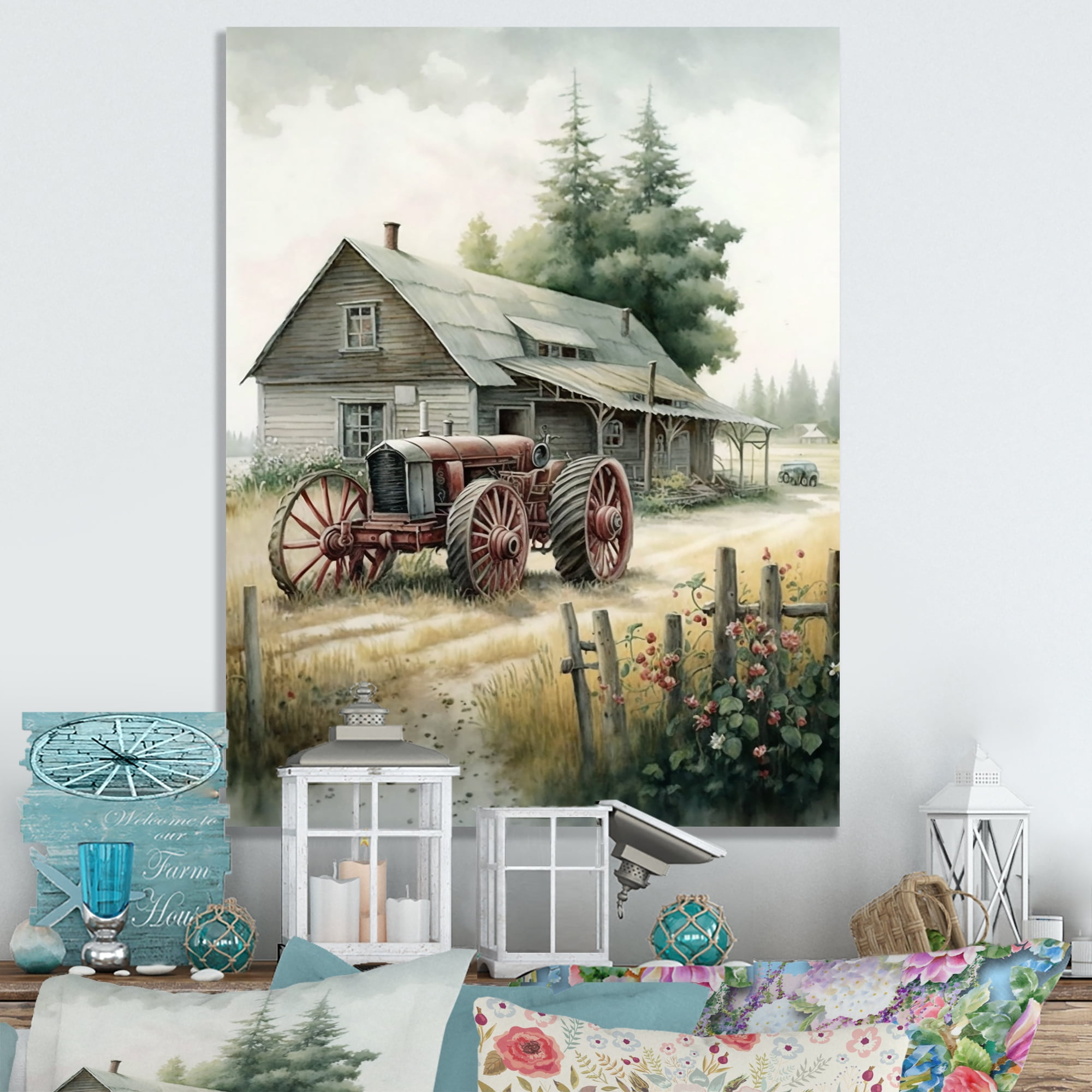 Designart Tractor At The Barn In Summer II Canvas Wall Art