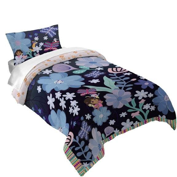 Dora Kids 2 Piece Blue Pink Floral Reversible Comforter and Pillowcase set, Twin/full