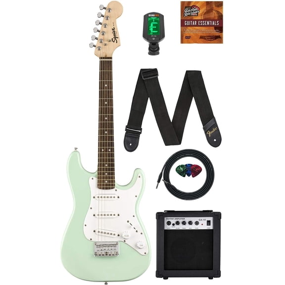 Fender Squier 3/4-Size Kids Mini Strat Electric Guitar - Surf Green Bundle with Amplifier, Instrument Cable, Tuner, Strap, Picks, and Austin Bazaar Instructional DVD