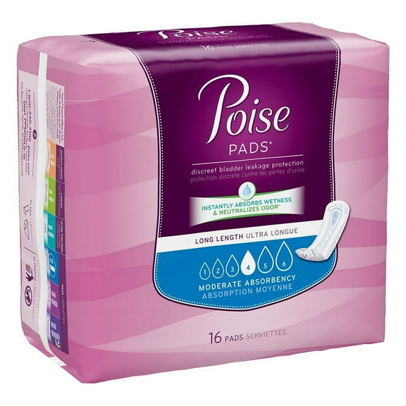 Poise Pads, Moderate Absorbency - Long, 16 ct, Case of 6