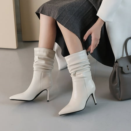 

Women s Solid Color Sexy Plus Velvet Warm Sleeve High Heeled Pleated Boots