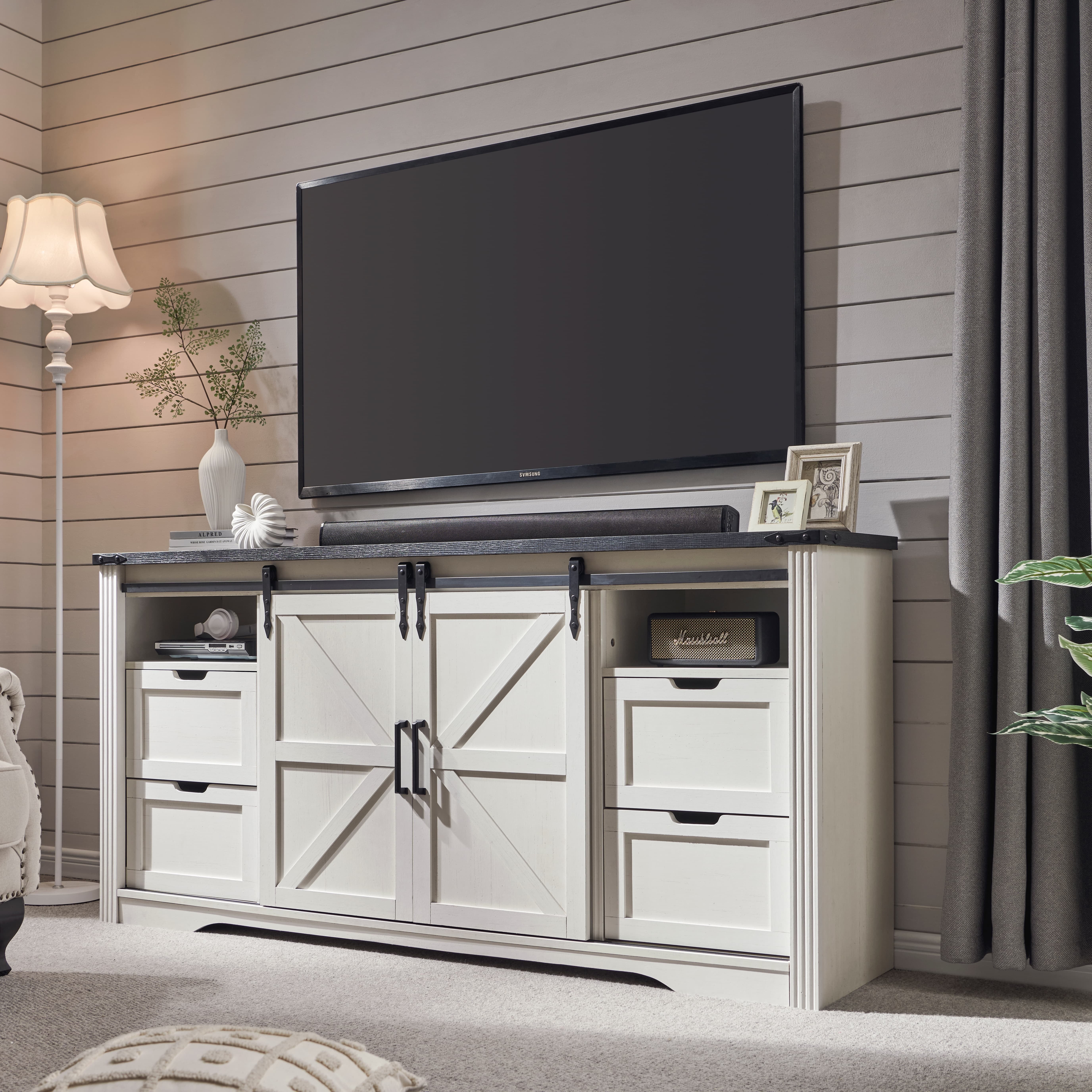 T4TREAM Farmhouse TV Stand for TVs up to 75" - Wood Entertainment Center with 4 Drawers & Barn Door & Adjustable Shelves, White