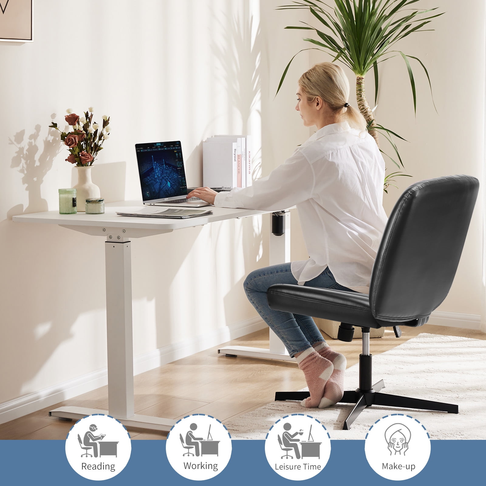 Cross-Legged Armless Swivel Chair without Wheels for Home Office