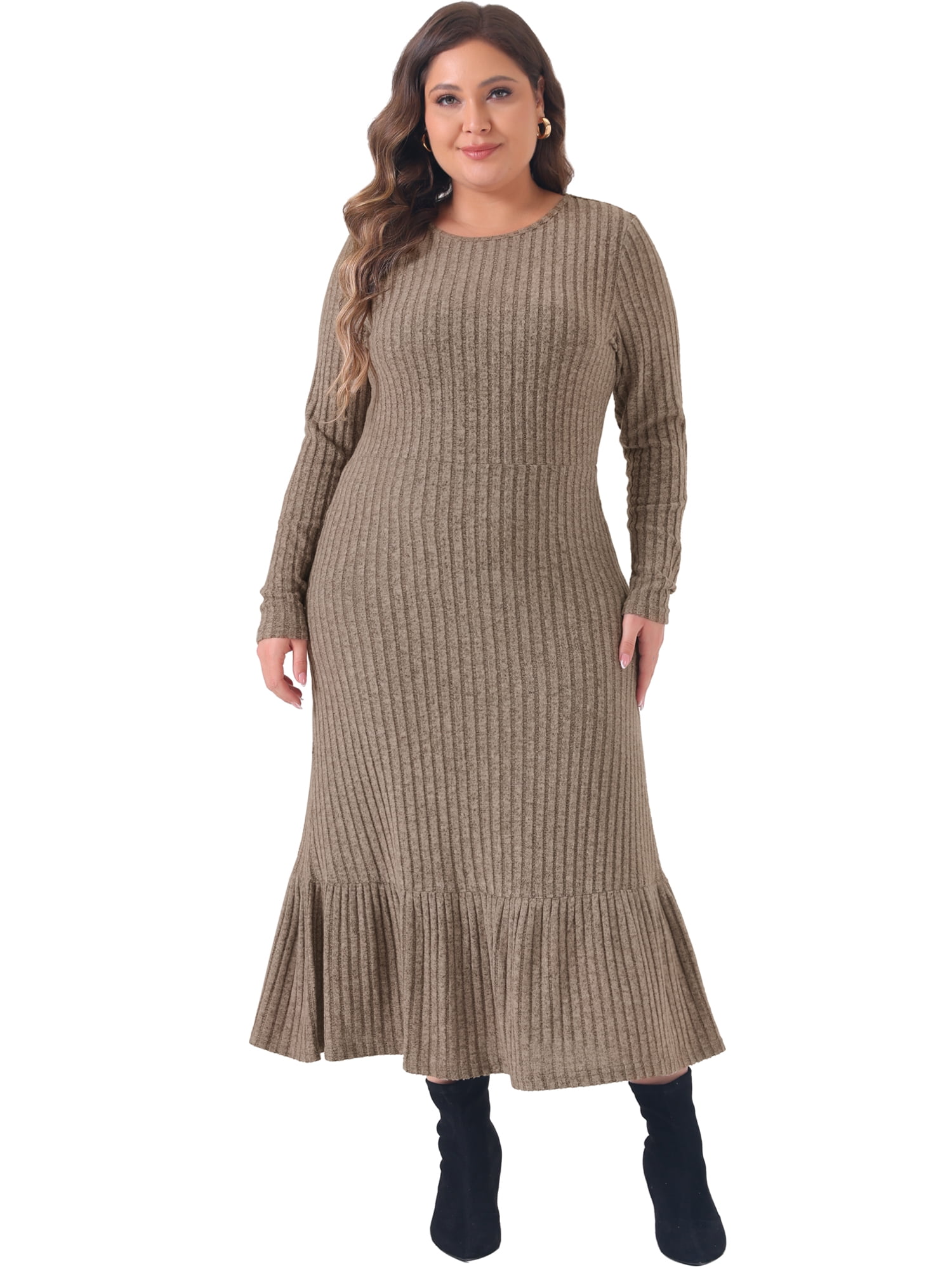 DARING DIVA Plus Size Ribbed Knit Long Sleeve Ruffled Hem Midi Dress 1X Khaki