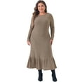 thumbnail image 3 of DARING DIVA Plus Size Ribbed Knit Long Sleeve Ruffled Hem Midi Dress 4X Khaki, 3 of 6