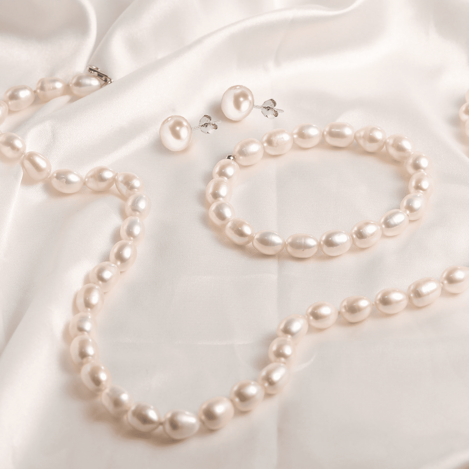 Bamiki 6-7mm Cultured White Pearl Jewelry Necklace Set with Bracelet & Stud Earrings, S925 Sterling Silver Adjustable Clasp Valentine's Day Gift for Her