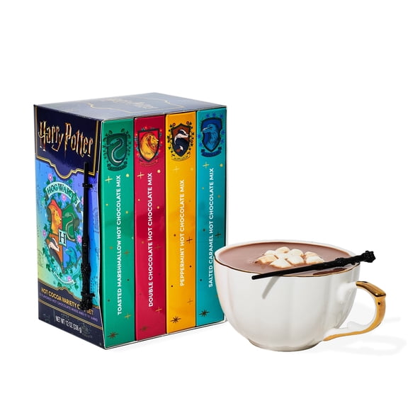 Hot Chocolate Variety Pack, a Collectible HARRY POTTER Gift Set for Fans with 12 Cocoa Mix Packets and Stir Wand, 4 Flavors