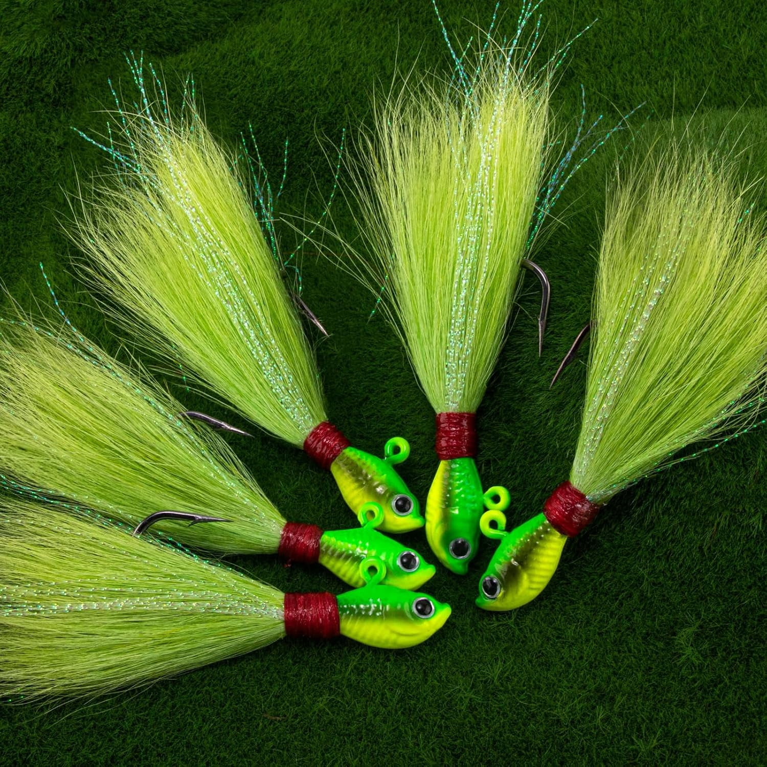 5-Pack Bucktail Jigs Hair Jigs Saltwater Freshwater Fishing Bucktail Lures Surf Fishing Jig Heads White Luminous Chartreuse Swimbait Jig for Bass Flounder Striper Bluefish Halibut Redfish