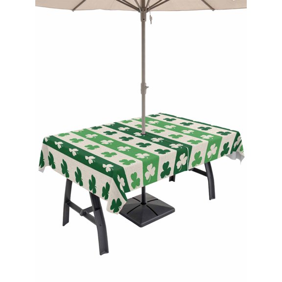 Outdoor Tablecloth with Umbrella Hole and Zipper, St. Patrick's Day Rectangle Table Cloth 60x120 Inch Waterproof Tablecloth, Green Shamrock Irish Lucky Leaves Picnic Table Cover for Patio Camping