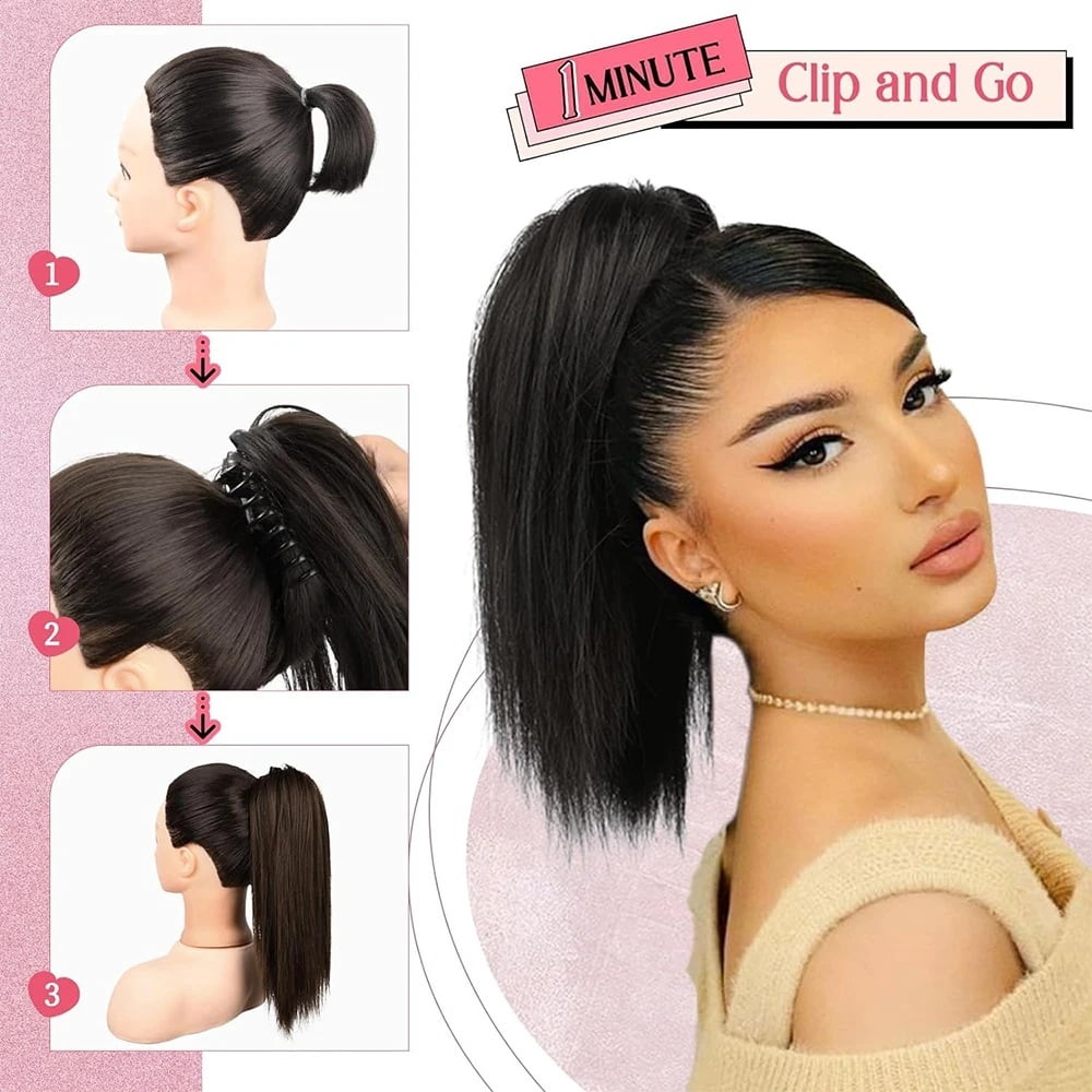 16" Claw Clip Ponytail Extensions Straight Hair Multi-Layered Fake Pony Tails Synthetic Hairpieces for Women