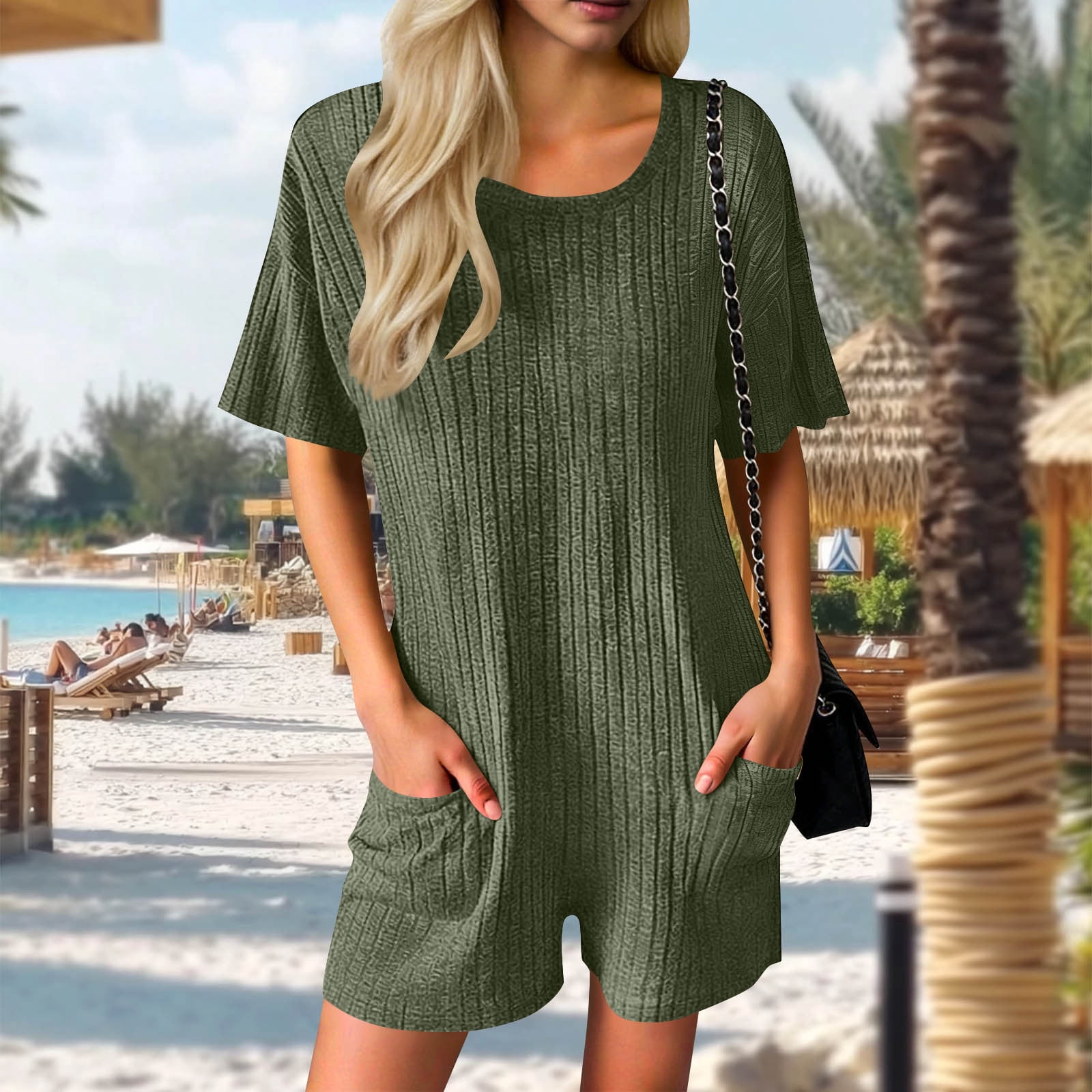 Dazajoo Womens Short Sleeve Romper One Piece Ribbed Knit Crewneck Shorts Rompers with Pockets Summer Beach Outfits,Army Green,XXL