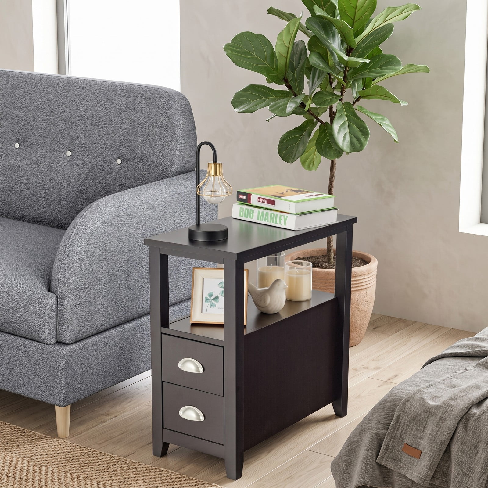 Furnibear Set of 2 Narrow Nightstands with 2 Drawers and Open Shelf Wooden Bedside End Tables for the Bedroom, Dark Brown