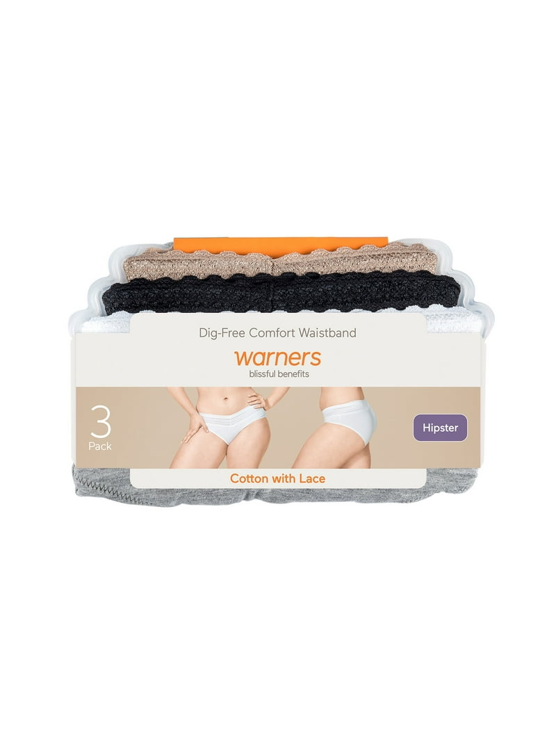 Warners Blissful Benefits Cotton Lace Hipster 3Pk, Mid-Waist, Full