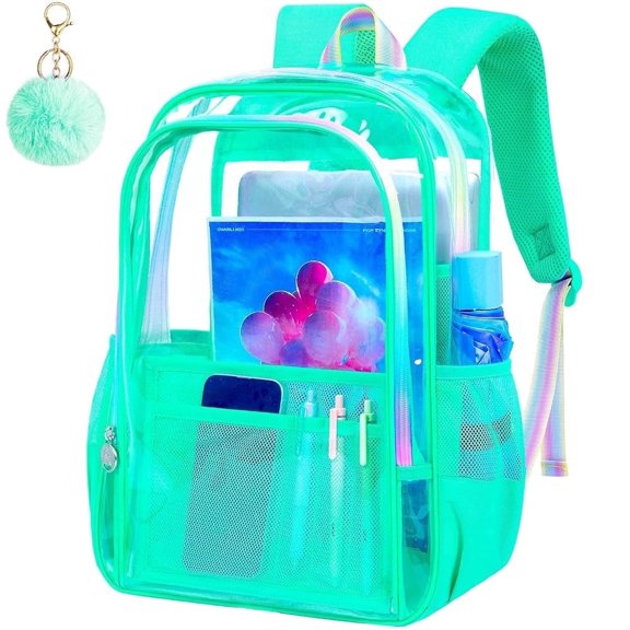 Green Clear Bookbag – Heavy-Duty 17” Transparent Backpack, See Through School Bag for Girls with Rainbow Straps & Silver Zipper