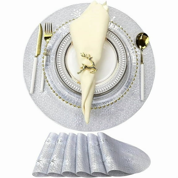 Round Silver Christmas Placemats for Dining Table Mats Set of 6 Wipeable Snowflake Placemats for Kitchen Table Plastic Soft PVC Place mats Durable Heat Resistant Non-slip Washable Table Mats 15"