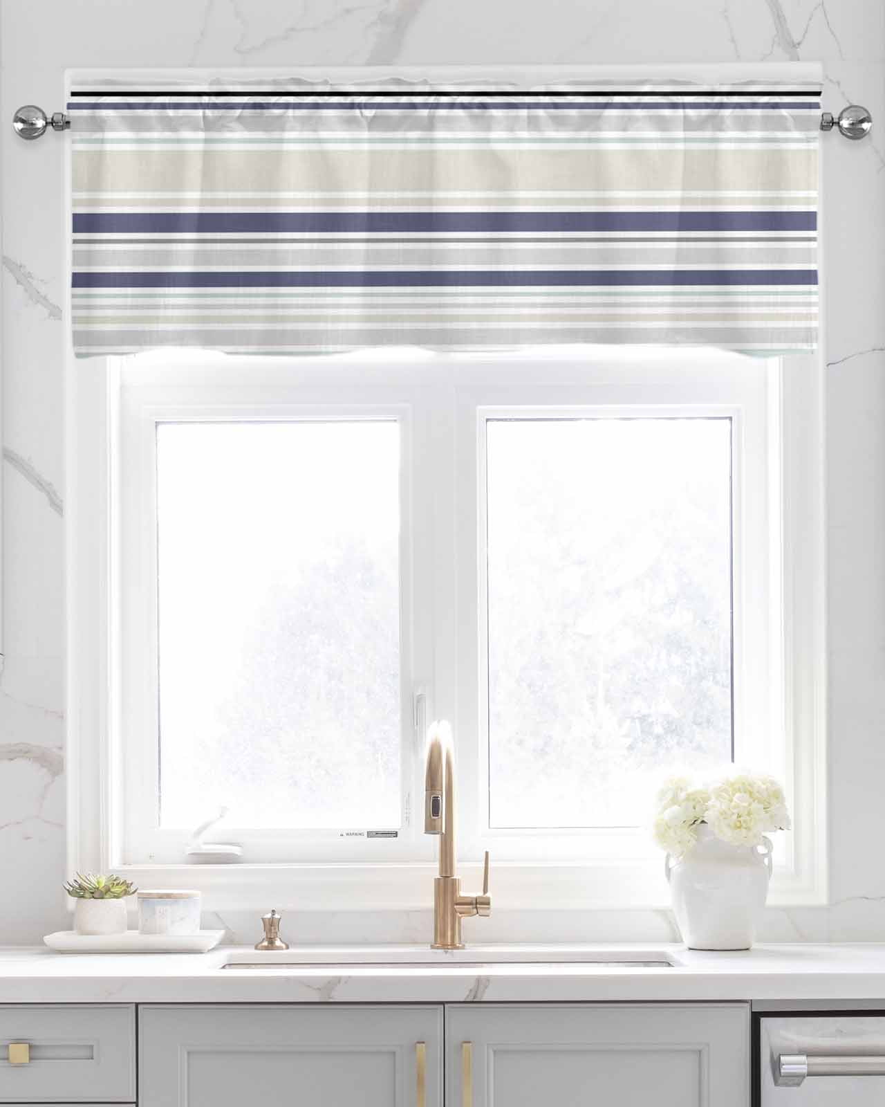 Blue Stripe Kitchen Valances for Windows Farmhouse Linen Window Valance Curtain for Living Room Window Treatment Farmhouse Geometric Grey Horizontal Striped Valance Rod Pocket Topper, 60 x 18 Inch