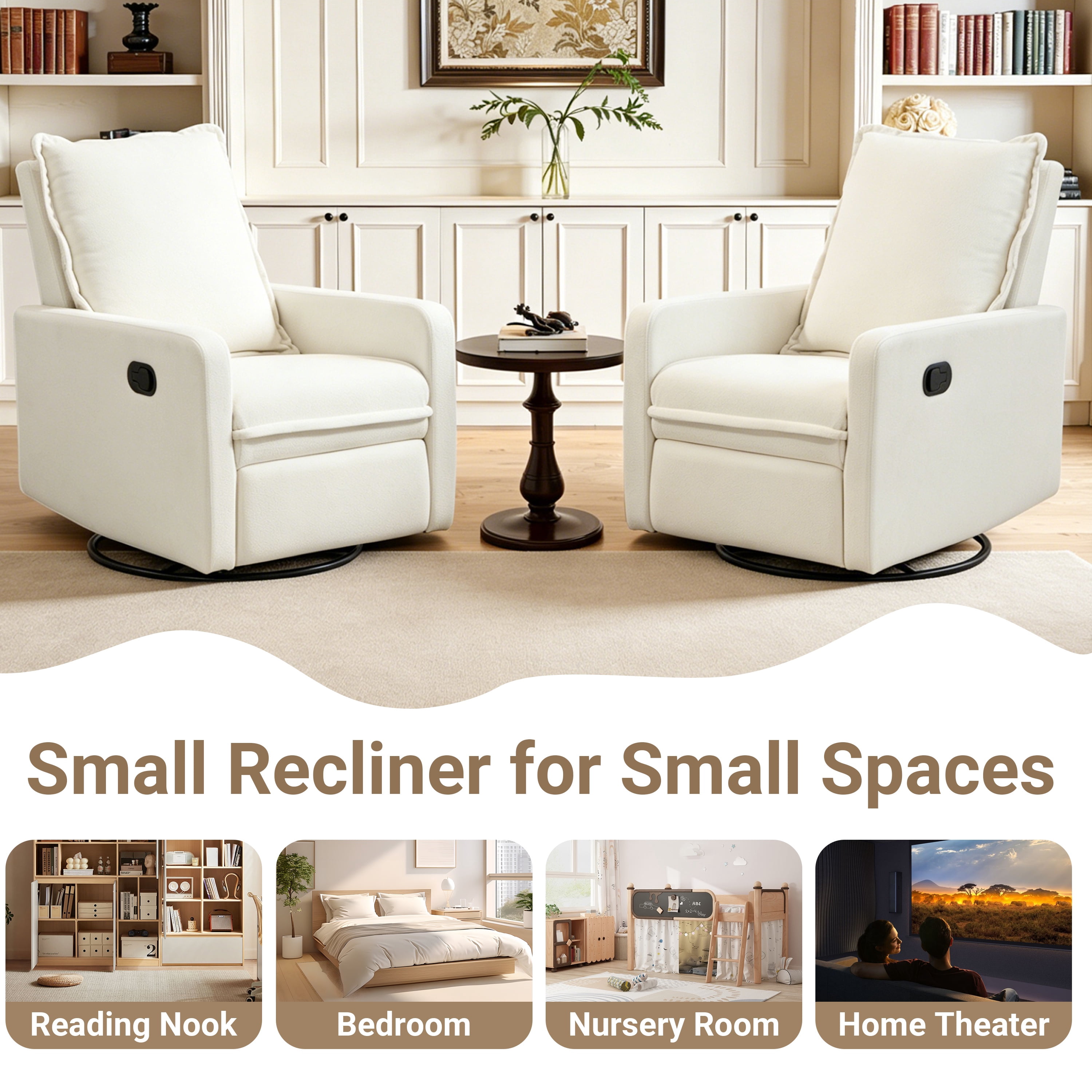 Paproos Swivel Rocker Recliner, Velvet 360°Swivel Rocking Recliner, Glider Rocking Chair for Nursery, Small Rocker Chair for Small Space, Manual Recliner for Adults for Home Theater, White