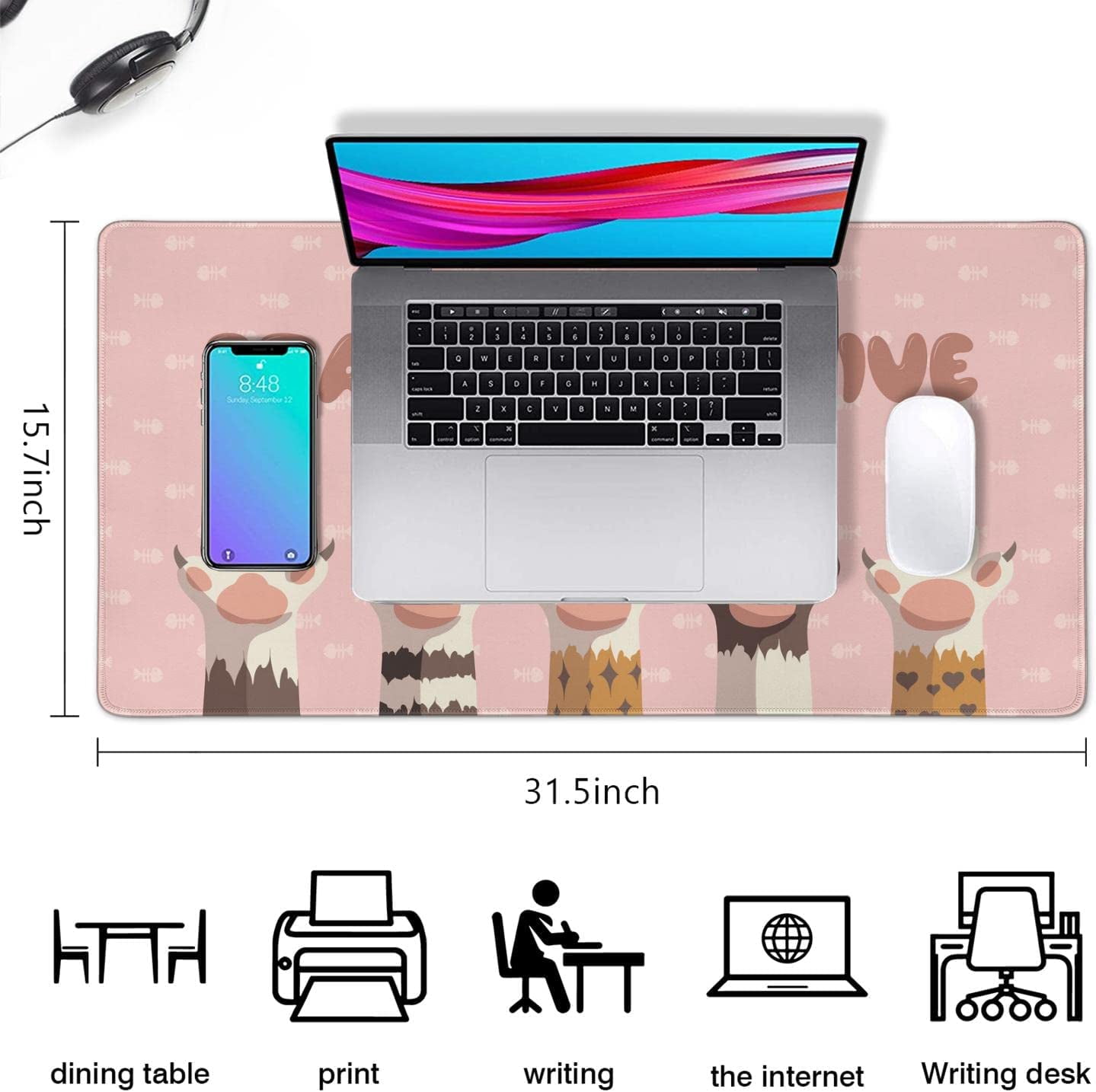 Gaming Mouse Pad, Desk Pad with Non-Slip Base Extended Large Mouse Pad XXL Keyboard Mouse Pad Desk Mat On Top of Desks for Work, Game, Office, Home - Cat Paw (31.5x15.7 in)