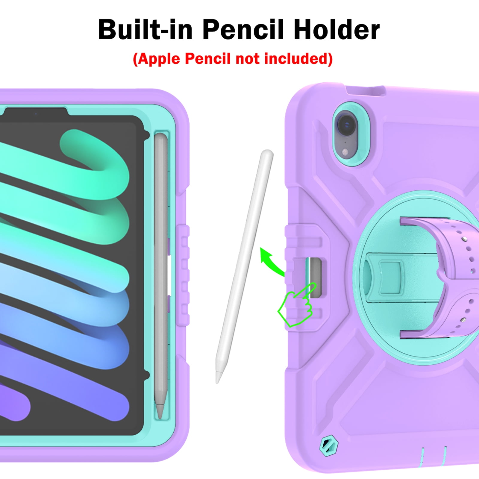 Dteck Case for iPad mini 7 (A17 Pro) 8.3 inch 2024/ iPad mini 6th Generation,Heavy Duty Rugged Drop Proof Shockproof Armor Case with Stand Pencil Holder Hand Strap Shoulder Strap,Purple+Green