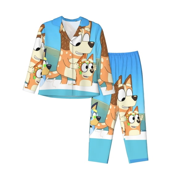 Saiise Bluey Print Women Soft Pajama Sets,Long Sleeve Sleepwear Button Up 2-Piece Pjs Lounge Sets-Small