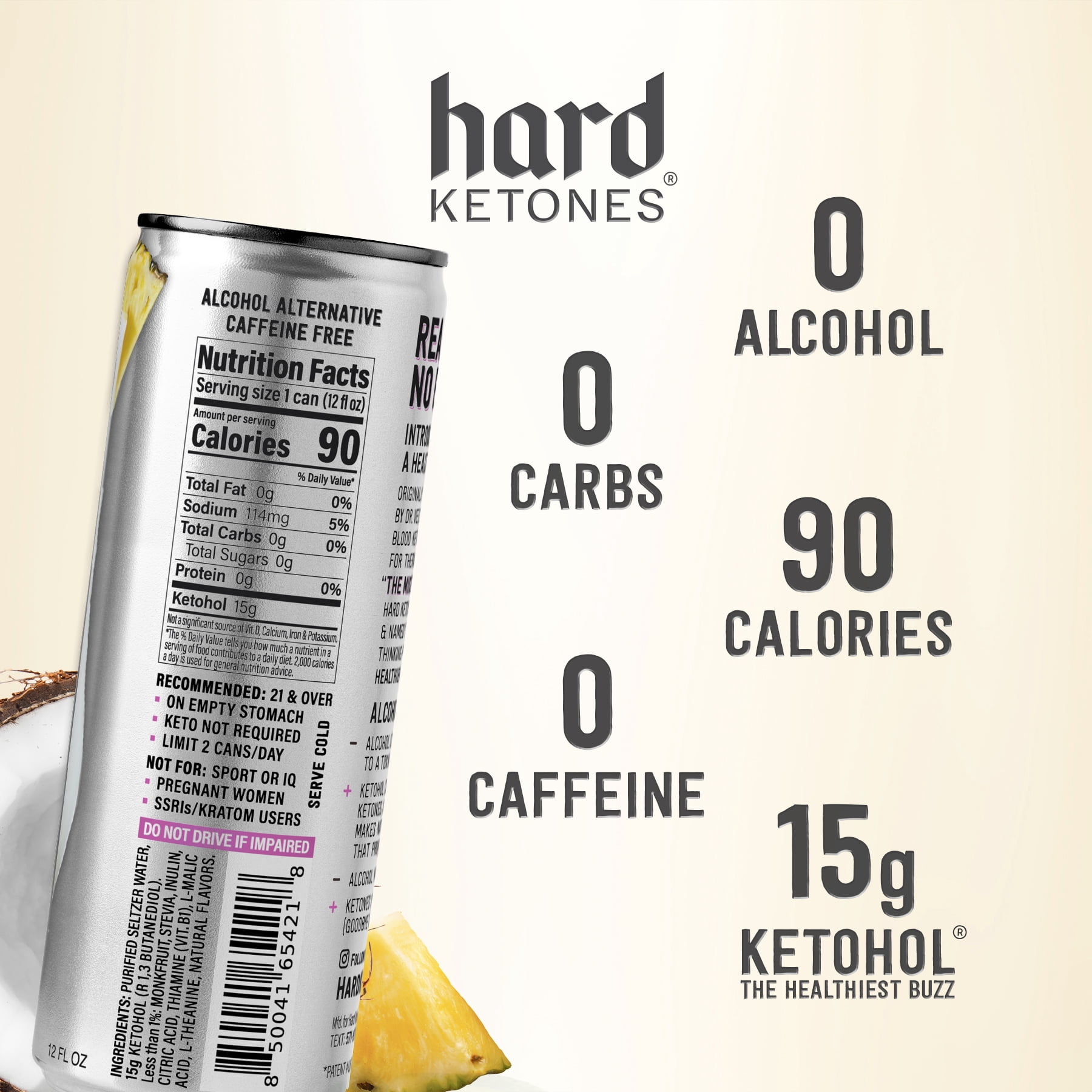 Hard Ketones Piña Colada Seltzer with 15g Ketohol | Real Buzz. No Booze. |  12 Pack, 12oz Cans, Zero Carb (Stevia), 90 Superfood Calories | Alcohol Alternative