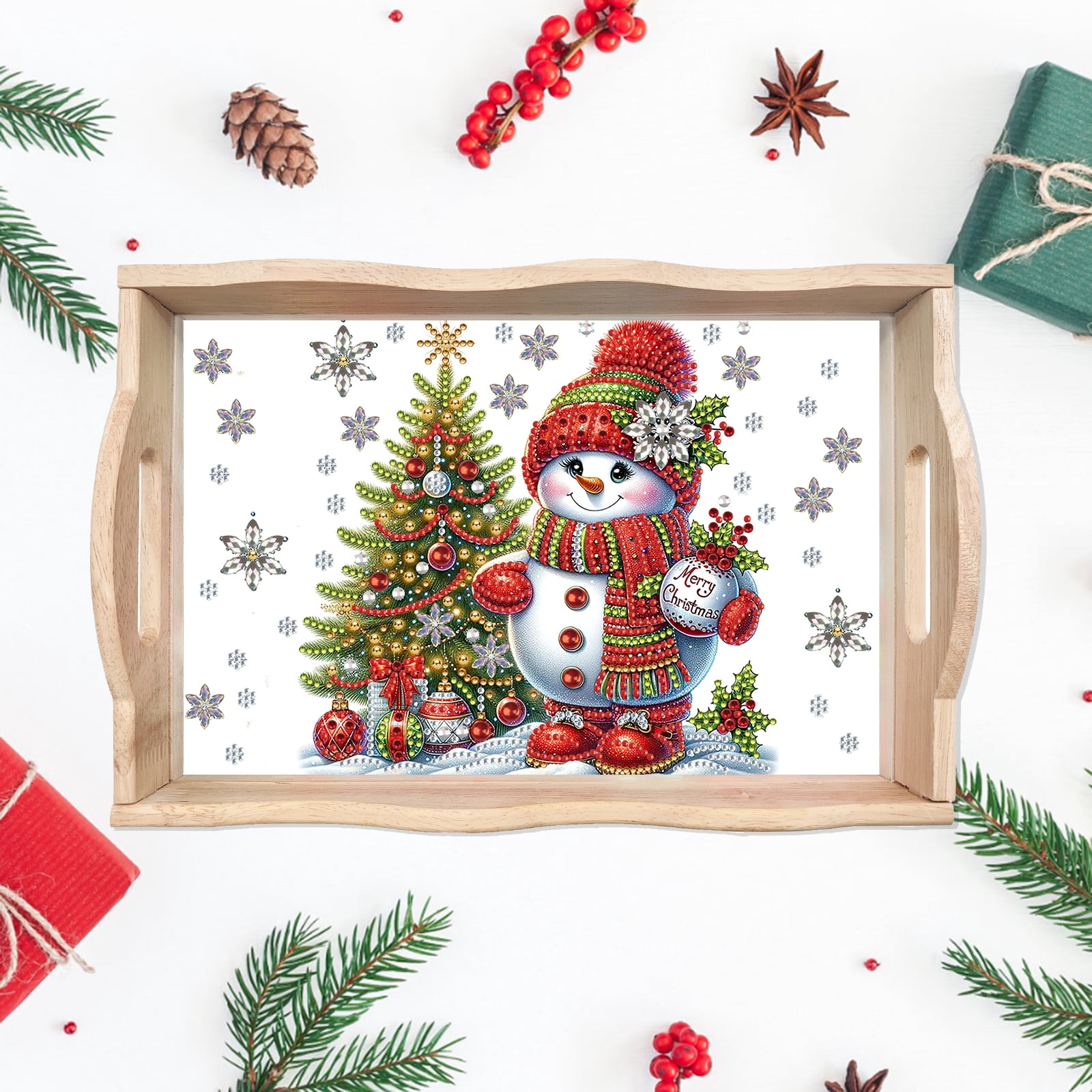 FLOPESN DIY Diamond Art Painting Handmade Wooden Tray,Creative Design Serving Dinner Plate for Coffee Living Room Home Organizer-Christmas Snowman