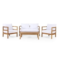 GDF Studio Aggie Outdoor Acacia Wood 4-Seater Chat Set with Cushion, Teak and White