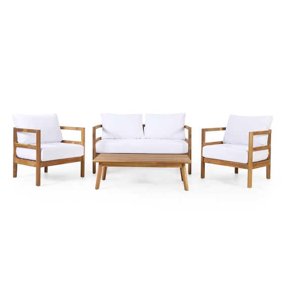 GDF Studio Aggie Outdoor Acacia Wood 4-Seater Chat Set with Cushion, Teak and White