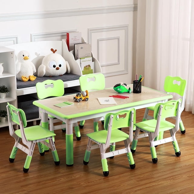 Ourlova Kids Table and Chairs Set Toddler Height Adjustable Desk with Graffiti Desktop 6 Seats