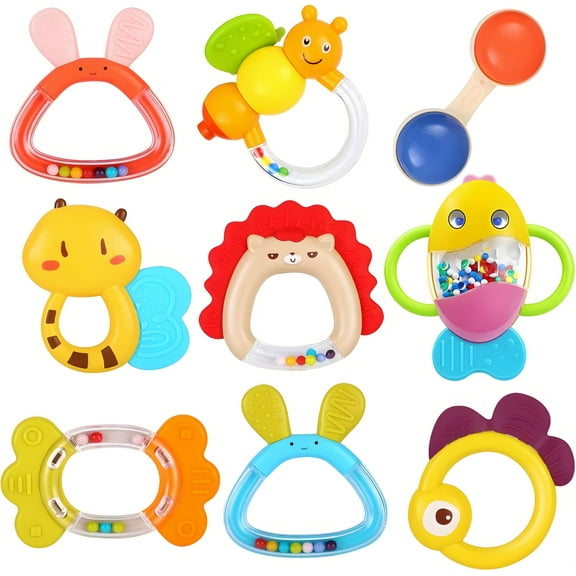 MOONTOY 9pcs Baby Rattles 3-6 Months, Infant Teething Toys 3-6 Months, Teethers Baby Toys 6-12 Months Sensory Toys for Babies 3 4 5 6 7 9 10 Month Boy Girl Gifts