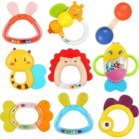 MOONTOY 9pcs Baby Rattles 3-6 Months, Infant Teething Toys 3-6 Months, Teethers Baby Toys 6-12 Months Sensory Toys for Babies 3 4 5 6 7 9 10 Month Boy Girl Gifts