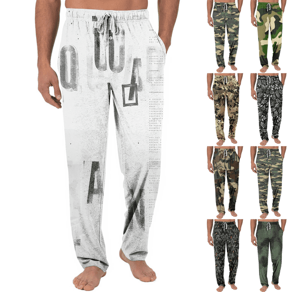 Men's Knitted Fashionable Printed Pocket Casual Pants, Camouflage Pajama Pants for Home, Sleep and Lounge Wear,Army Green,L