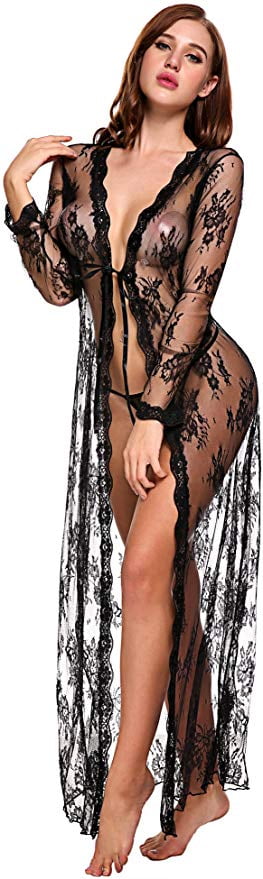 KORSIS - Lingerie for Women Sexy Long Lace Dress Sheer Gown See Through Kimono Robe