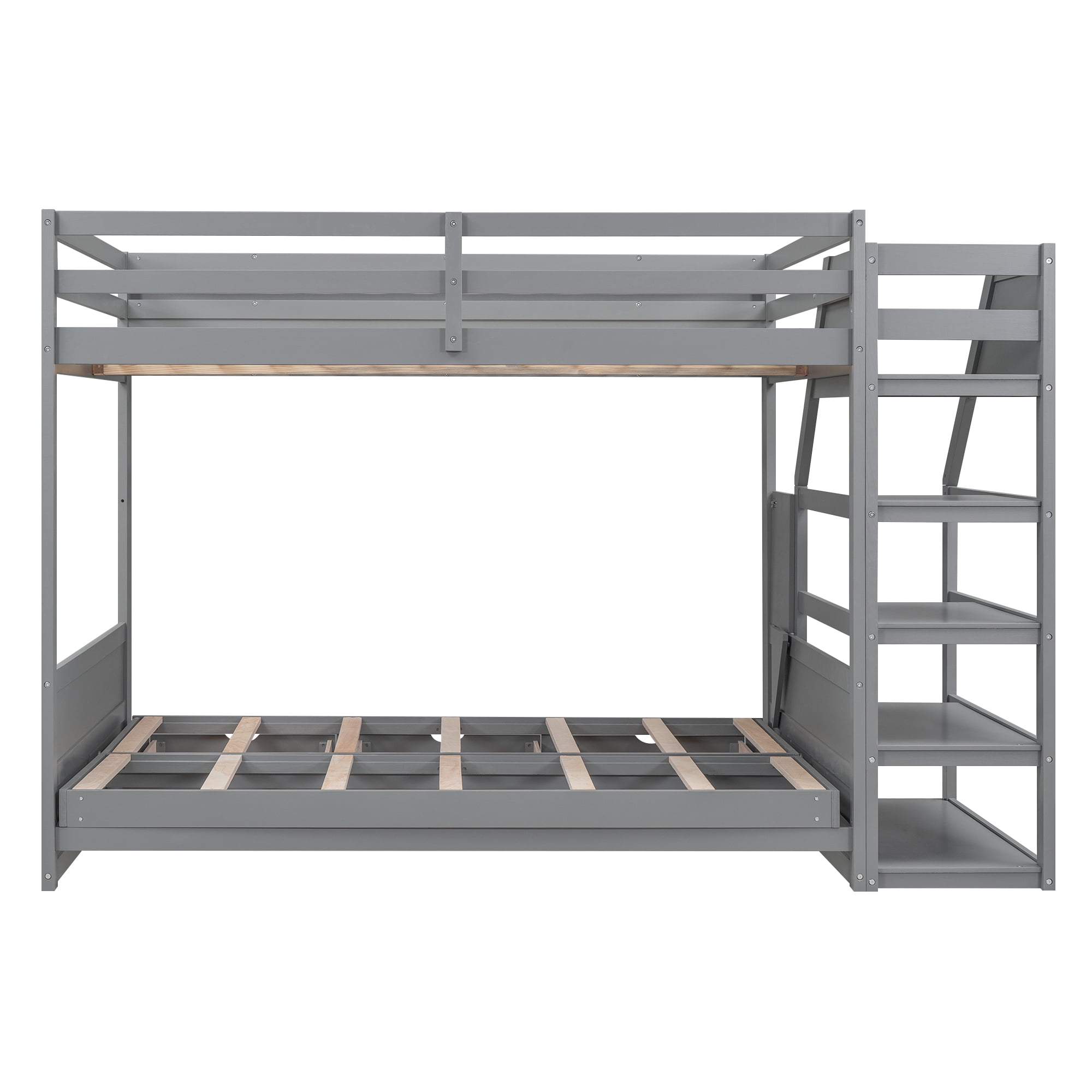 Euroco Wood Full Bunk Bed or Full over Futon with Shelf and Drawers for Kids Teens, Divided into 2 Single Beds