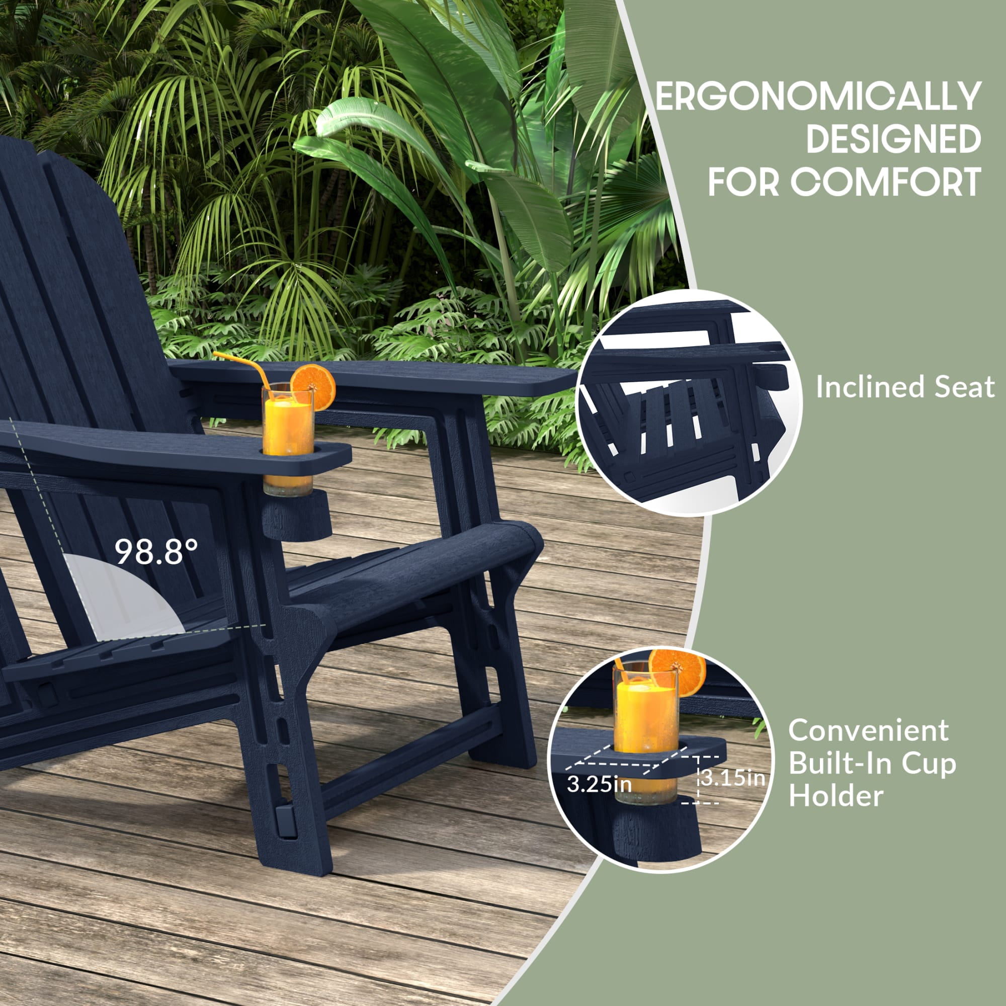 WestinTrends Tool-Free Assembly Outdoor Patio HDPE Plastic Adirondack Chair with Cup Holder, Navy Blue
