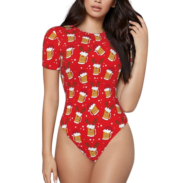 Fotbe Christmas Hat beer Body de Mujer con Cuello Redondo y Mangas Cortas, Sin Mangas Ajustado, Suave, Cómodo y Básico-Large