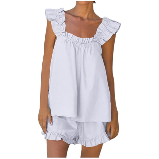 Conjunto de pijama de dos piezas para mujer: top corto sin mangas y pantalones cortos, poliéster, color liso, corte holgado, tallas S-XL, ropa de estar por casa para todas las estaciones