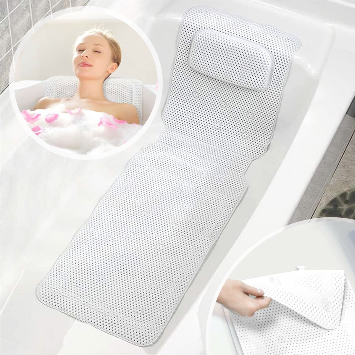 Mlfire Full Body Bath Cushion Bath Pillow for Head and Neck Rest Bathtub Pillows with 30 Non-Slip Suction Full Body Spa Bath Mattress Cushion with