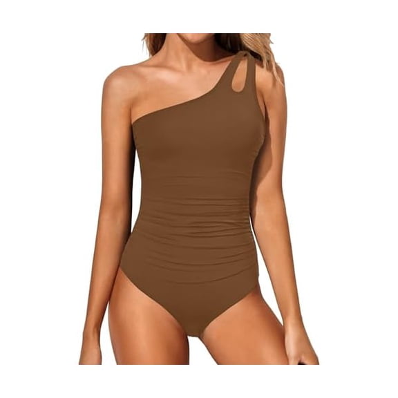 One Shoulder One Piece Swimsuit for Women Tummy Control Bathing Suits Modest Full Coverage Keyhole Swimwear