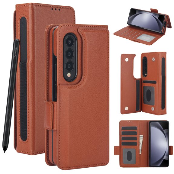 for Samsung Galaxy Z Fold 3 Case with RFID Blocking Card Slots Luxury PU Leather Flip Kickstand Phone Wallet Case with S Pen Holder Magnetic Closure for Samsung Galaxy Z Fold 3, Brown