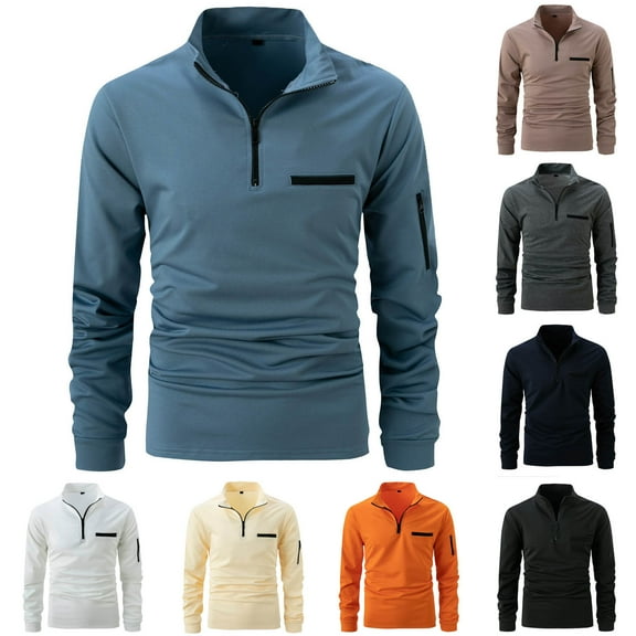 Men's Casual Henley Shirt Half Zipper Stretch Long Sleeve Shirts for Men Turn-down Collared Casual Formal Solid Shirts Lightweight Tees Tops With Pocket