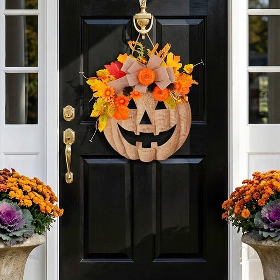 SeekLGT Halloween Door Wreath, Rustic Wooden Pumpkin Door Hanging, Fall Wreaths for Front Door with Burlap Bow and Maple Leaves, Autumn Home Decor, 1 pc