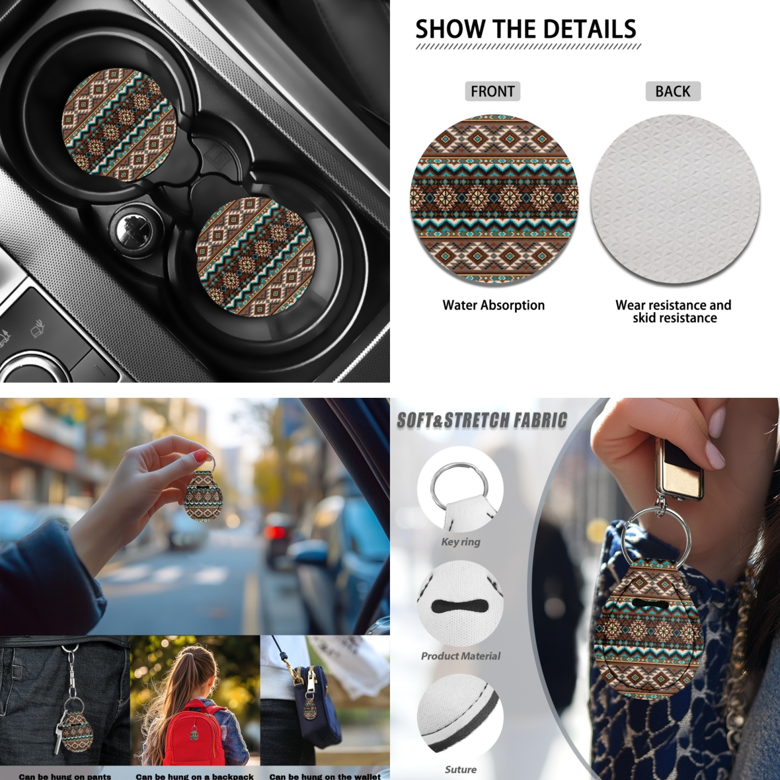 Yuyamidu Aztec African Tribal Car Seat Covers Full Set 13 PCS Auto Steering Wheel Cover Seat Belt Covers Arm Rest Cushion Coasters Wrist Key Ring Automobile Interior Sets