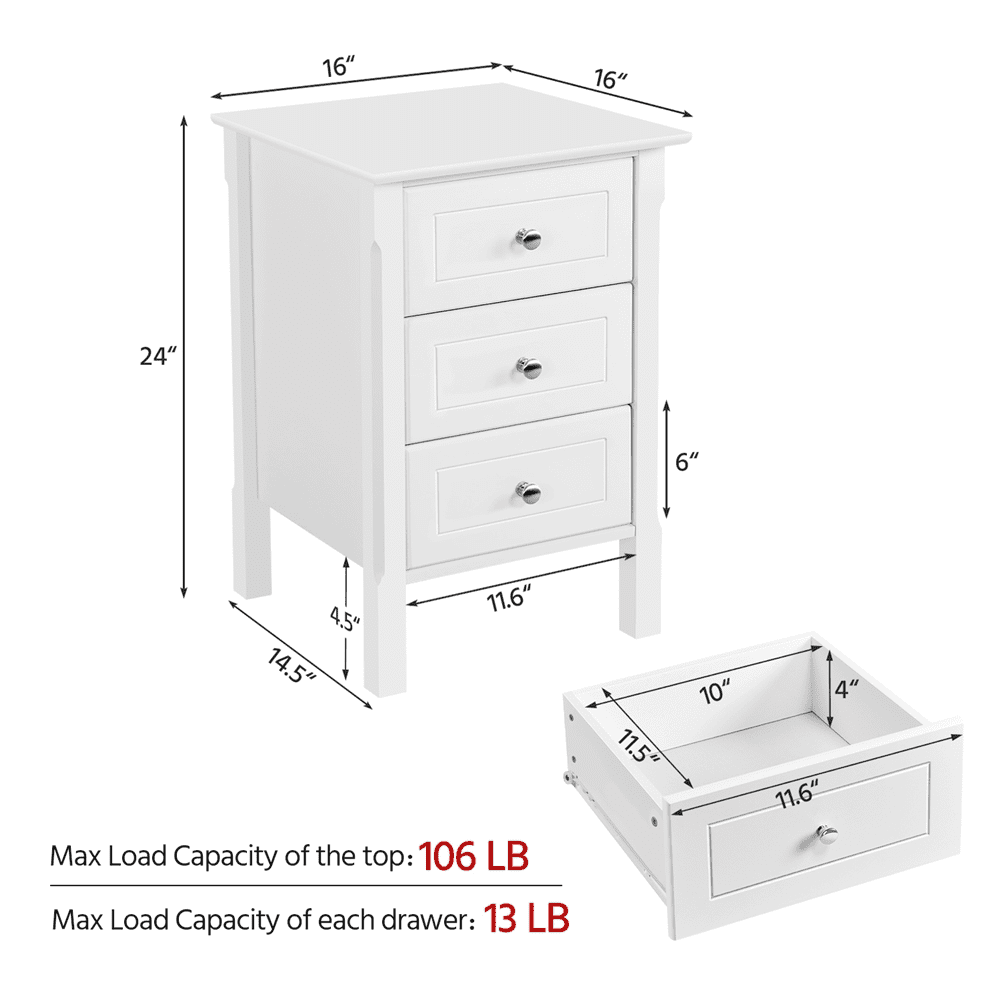 Renwick 3 Drawer End Table with Solid Wood Legs for Living Room, All Ages, White
