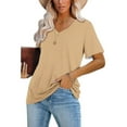 thumbnail image 2 of MaFYtyTPR Casual T-shirts for Women Solid Color Loose Fit V-neck Short Sleeve Comfortable Top Khaki S, 2 of 5