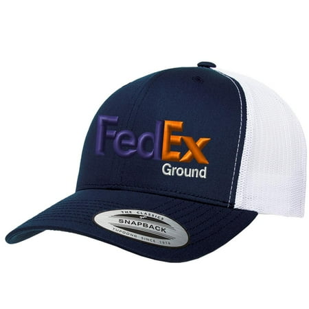 Mesh Back Trucker Baseball Cap (Custom Embroidered FedEx Ground Purple Orange Curve Bill Mesh Trucker Snapback Hat Yupoong Baseball Cap - Navy)