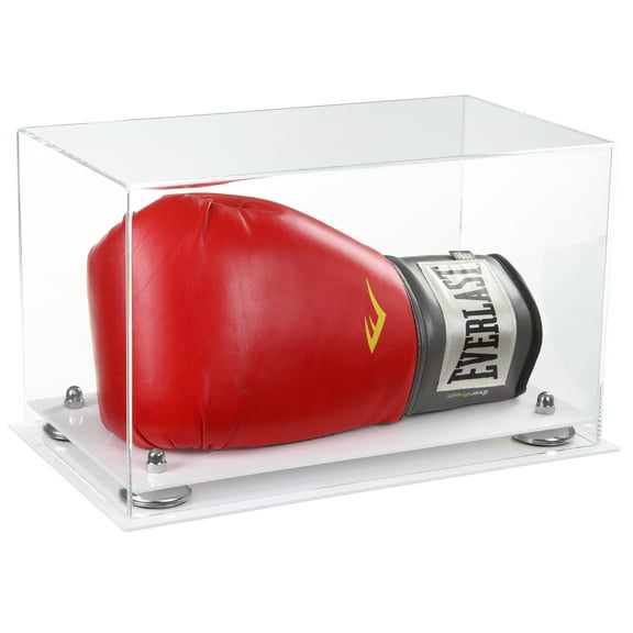 Clear Acrylic Single or Double Boxing Glove Display Case with Silver Risers and White Base (A011-SR)